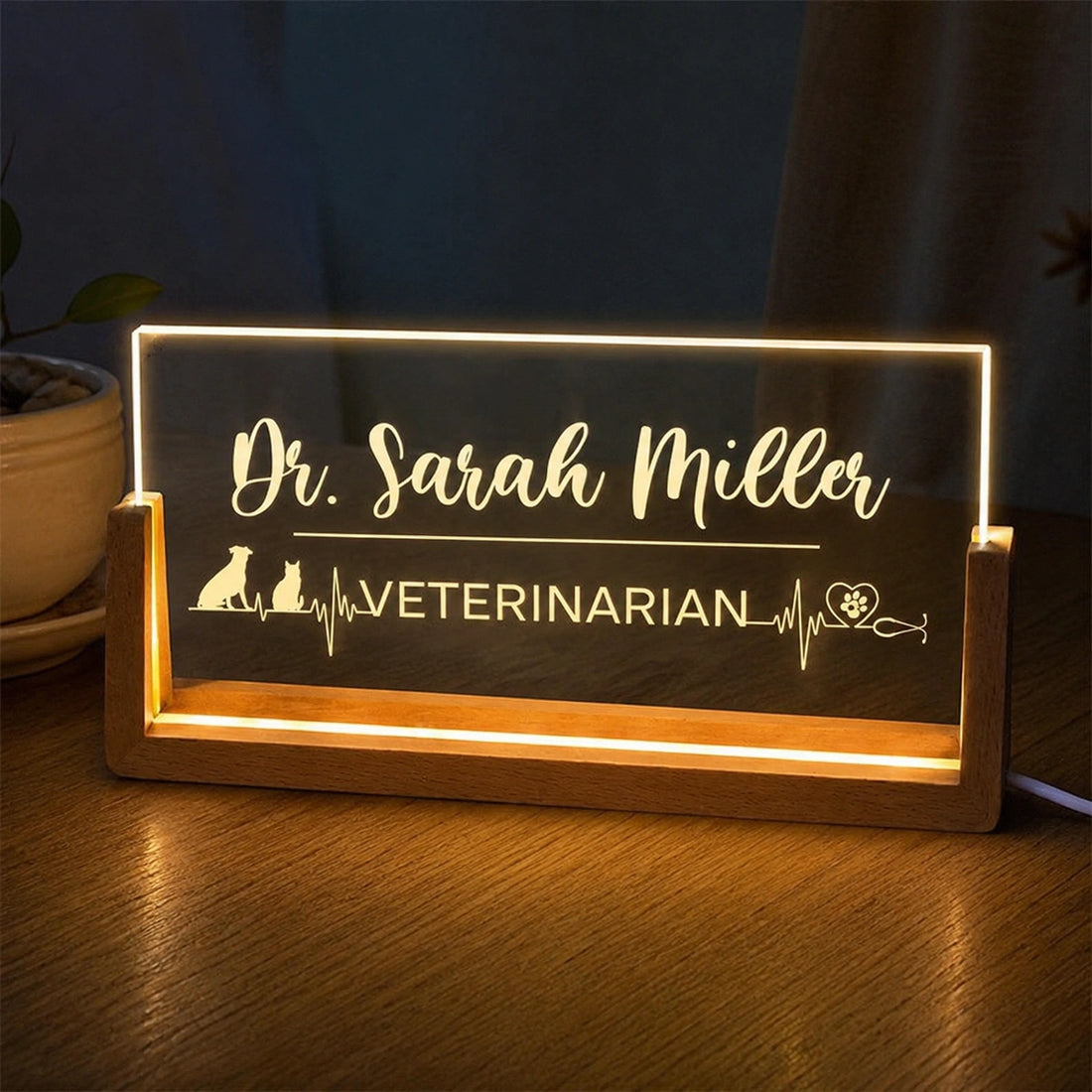 Custom Veterinary LED Acrylic Desk Name Plate | Personalized Edge-Lit Office Name Sign with Wooden Base
