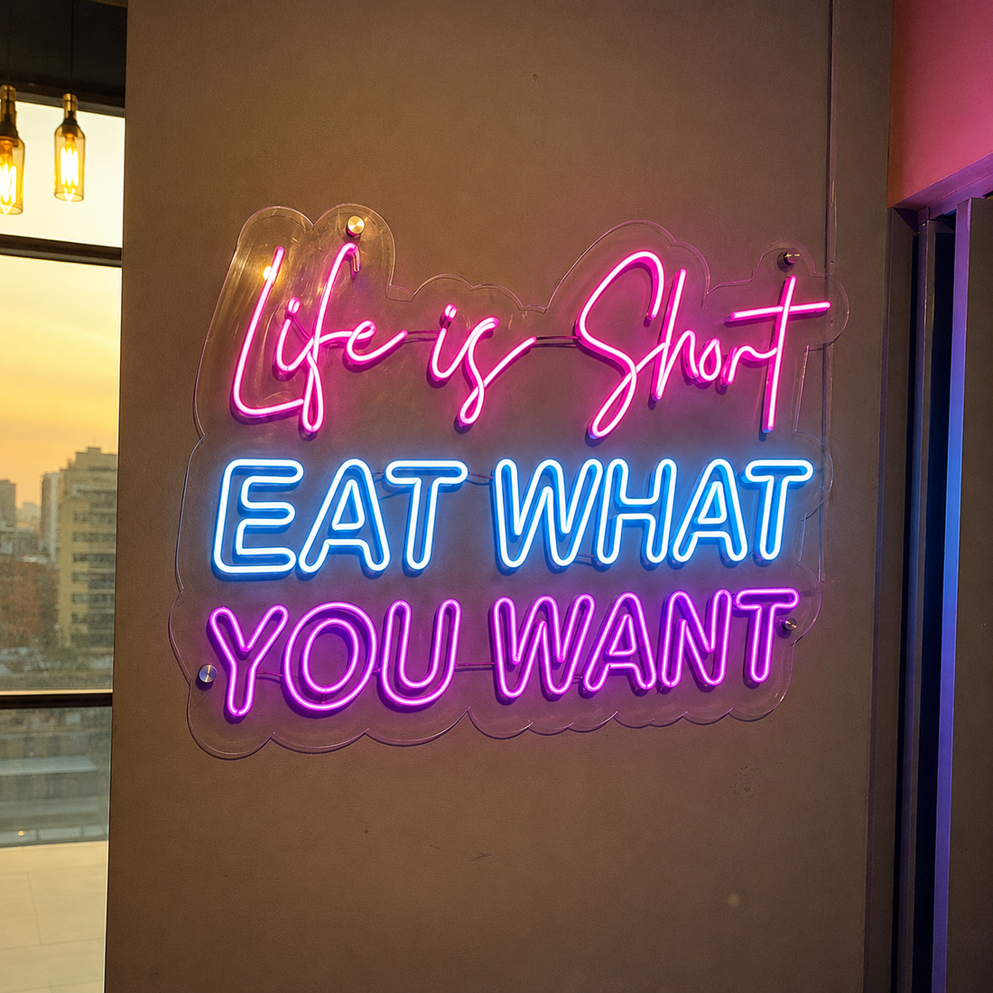 Life is Short Eat What You Want LED Neon Sign – Restaurant Wall Decor