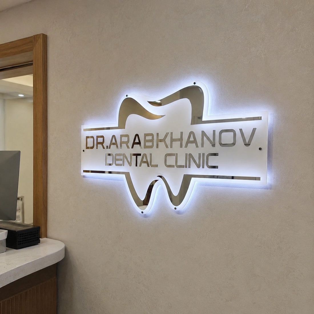 Custom Dental Clinic LED Halo Sign | Premium Acrylic Reception Logo Wall Sign