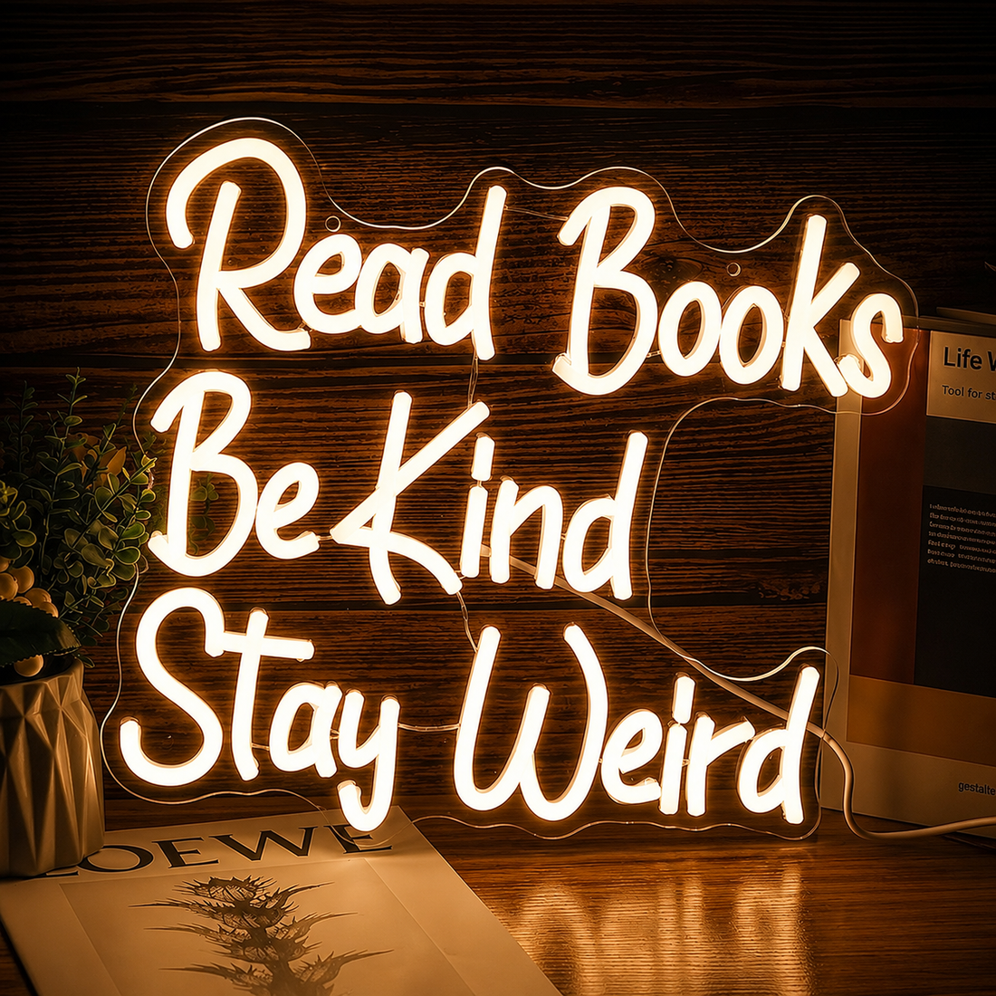 Read Books Be Kind Stay Weird LED Neon Sign – Inspirational Library Wall Decor