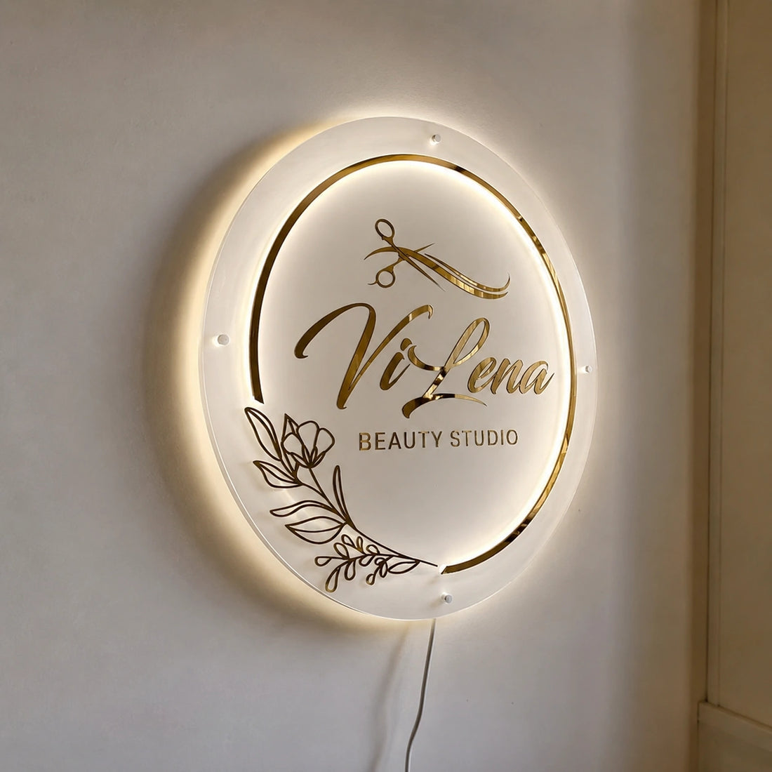ViLena Beauty Studio LED Halo Sign | Luxury Round Reception Logo Wall Sign