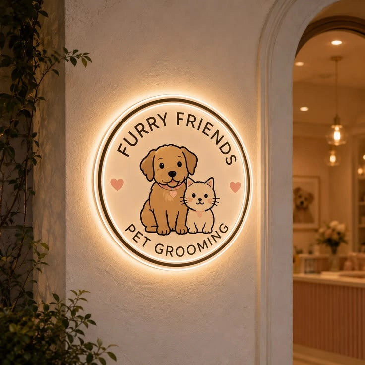 Custom Pet Grooming LED Halo Sign | Personalized Round Acrylic Business Logo Sign